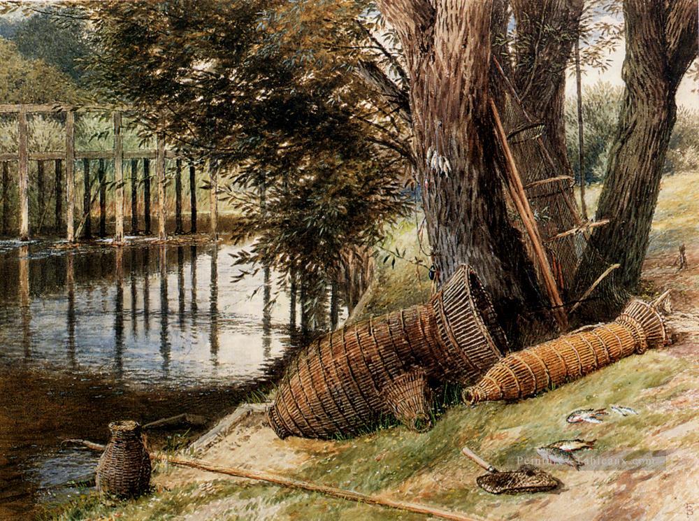 Pots d’anguilles sur les rives d’une rivière paysage victorien Myles Birket Foster Peintures à l'huile